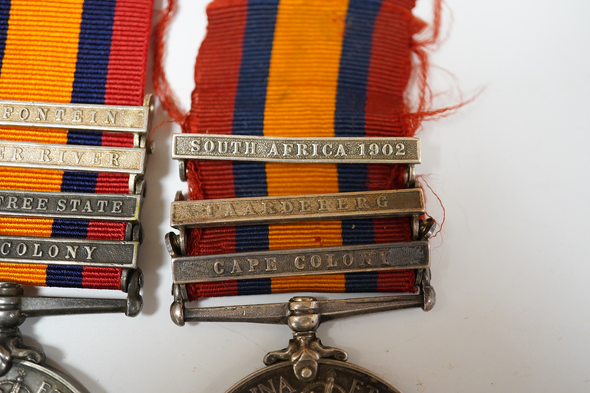 Queens South Africa Medal with 4 clasps; Dreifontein, Modder River, OFS and CC to 3033 2nd CL: Tpr:W.G.Annis. S.A.C. and another with SA1902, Paardseberg and CC clasps to 11569 Pte W.Cuff, R.A.M.C. (2)